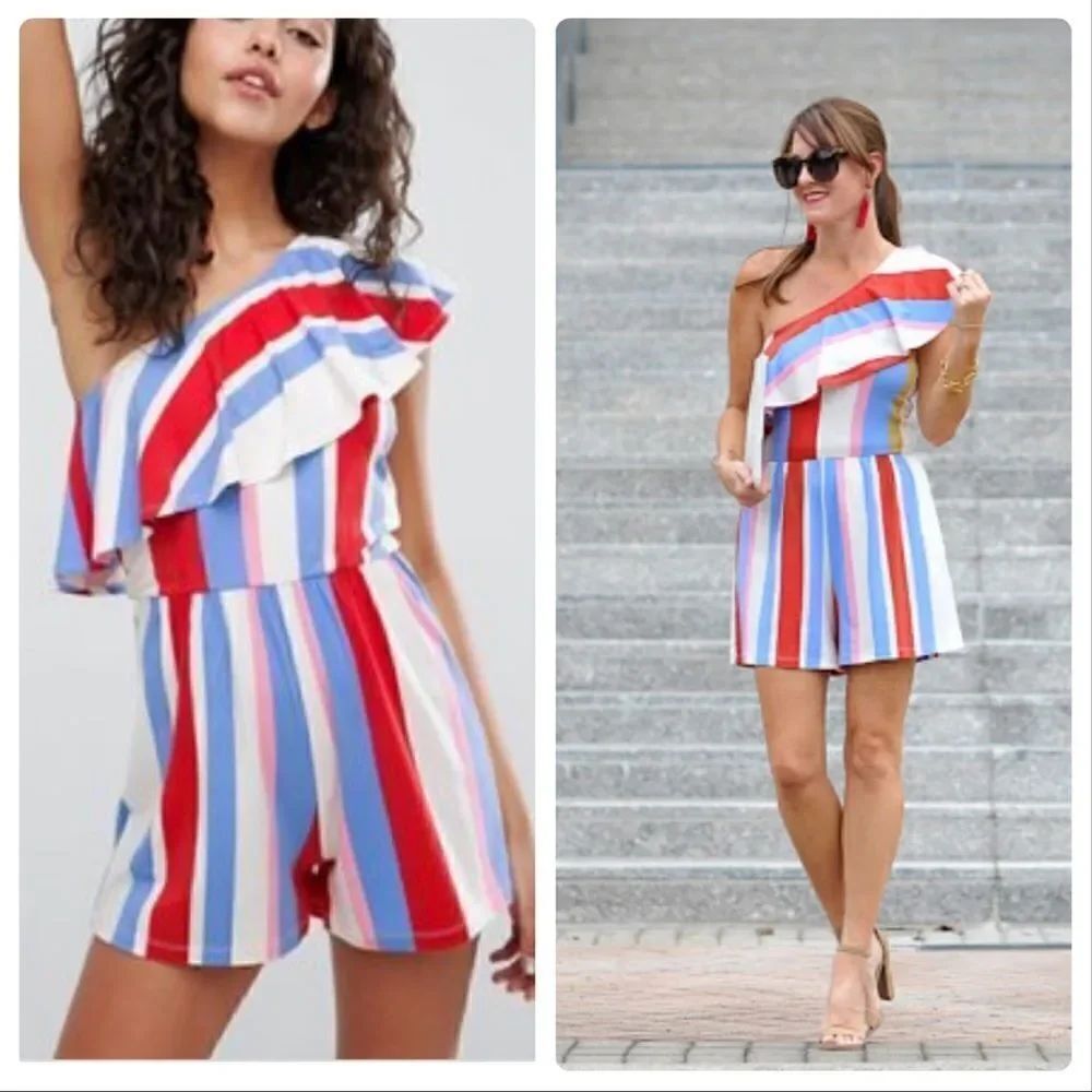ASOS One Shoulder Bold Stripe Playsuit Romper SIZE 4
